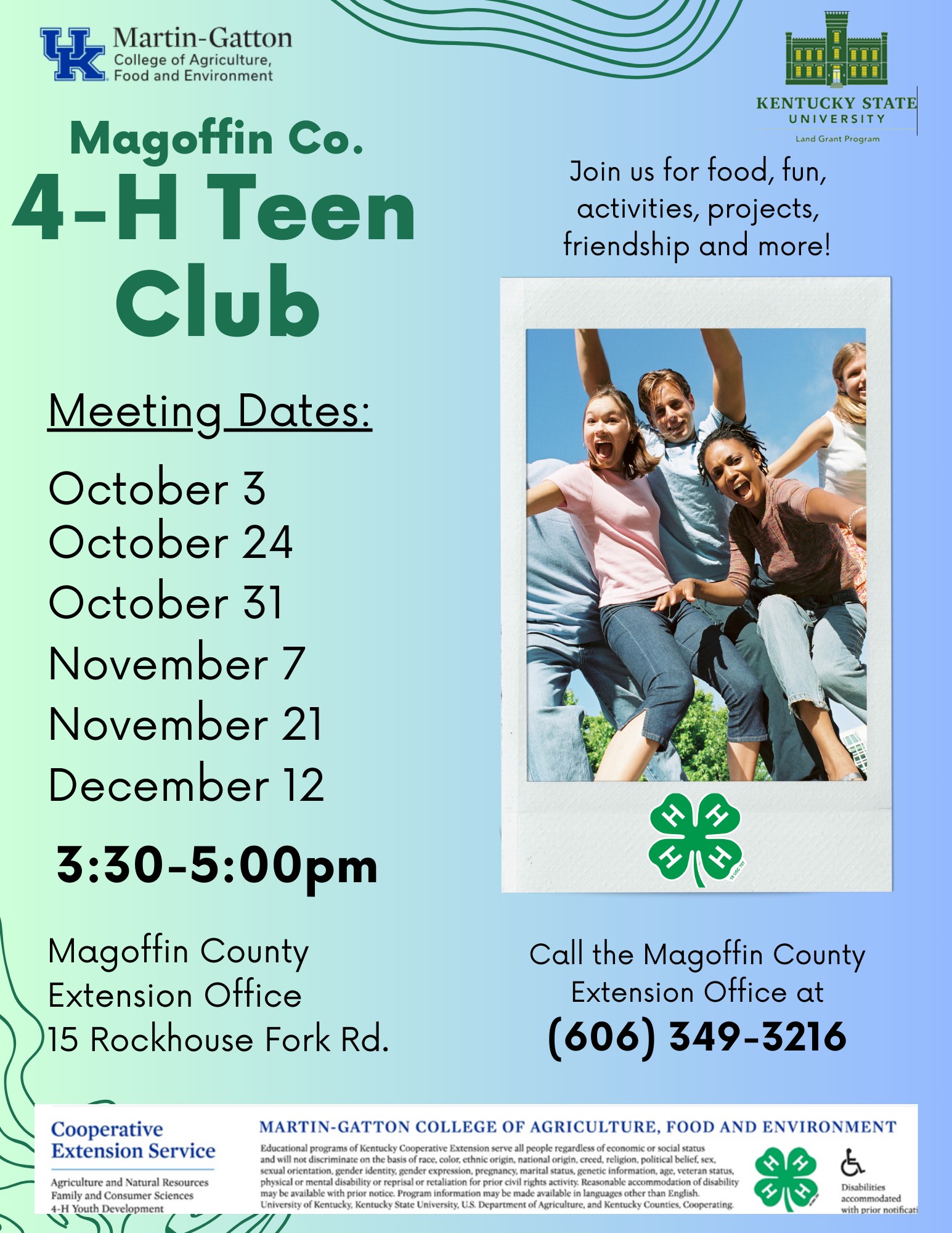 4-H Teen Club dates and time