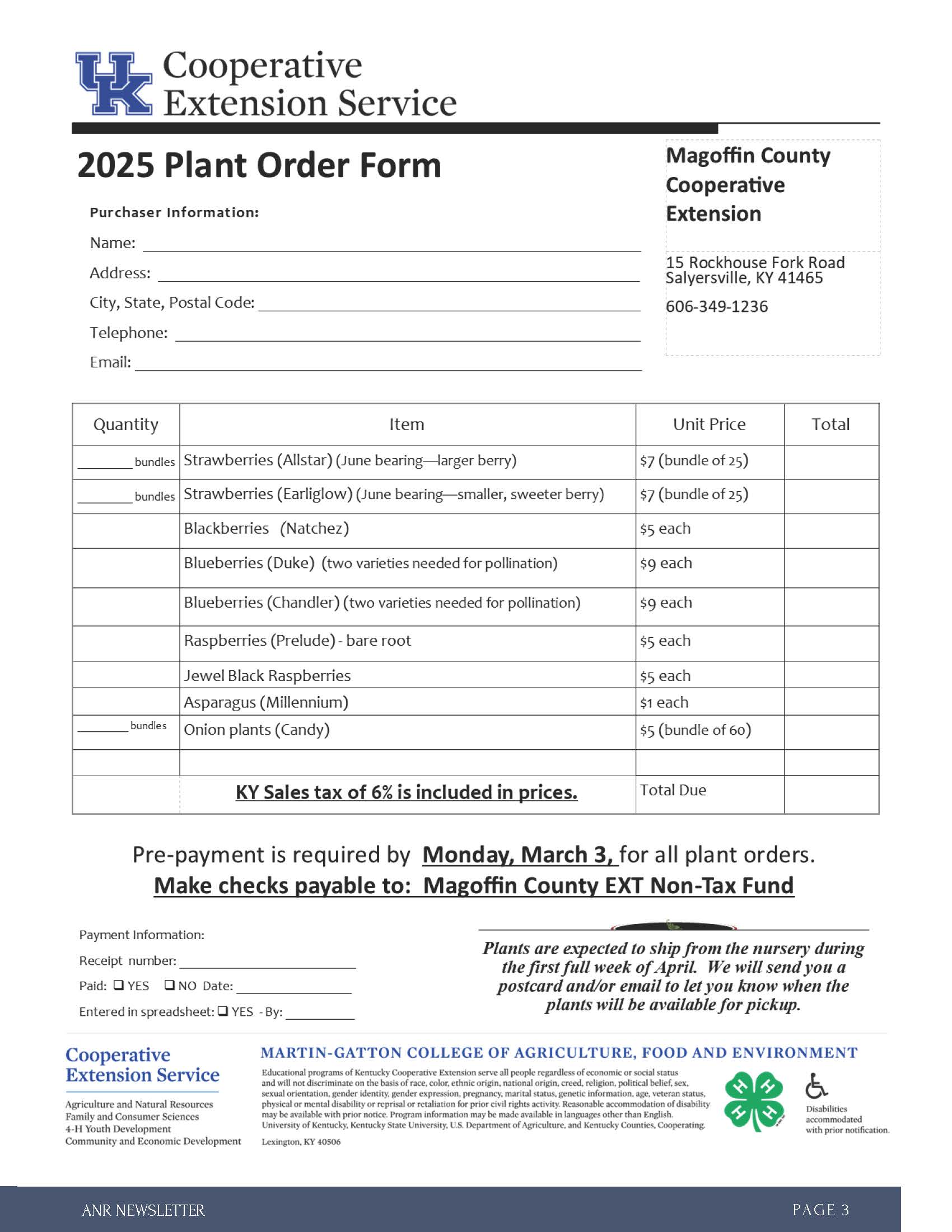 2025 Plant Order Form