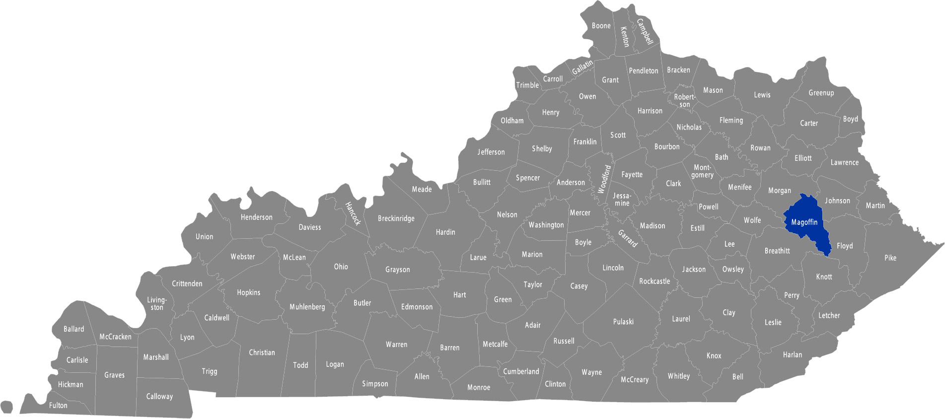 State of Kentucky map with Magoffin County highlighted 